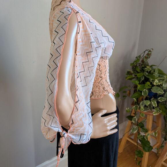 Vintage Y2K Q&A Cropped Top Semi-Sheer Shirred Zig Zag Boho Size Large - Picture 3 of 8